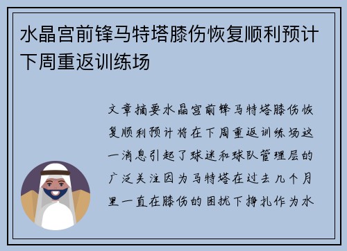 水晶宫前锋马特塔膝伤恢复顺利预计下周重返训练场