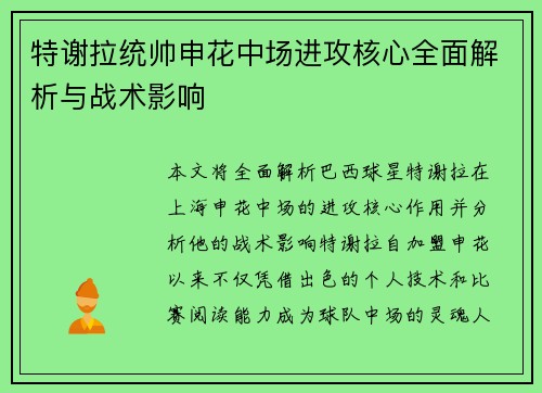 特谢拉统帅申花中场进攻核心全面解析与战术影响